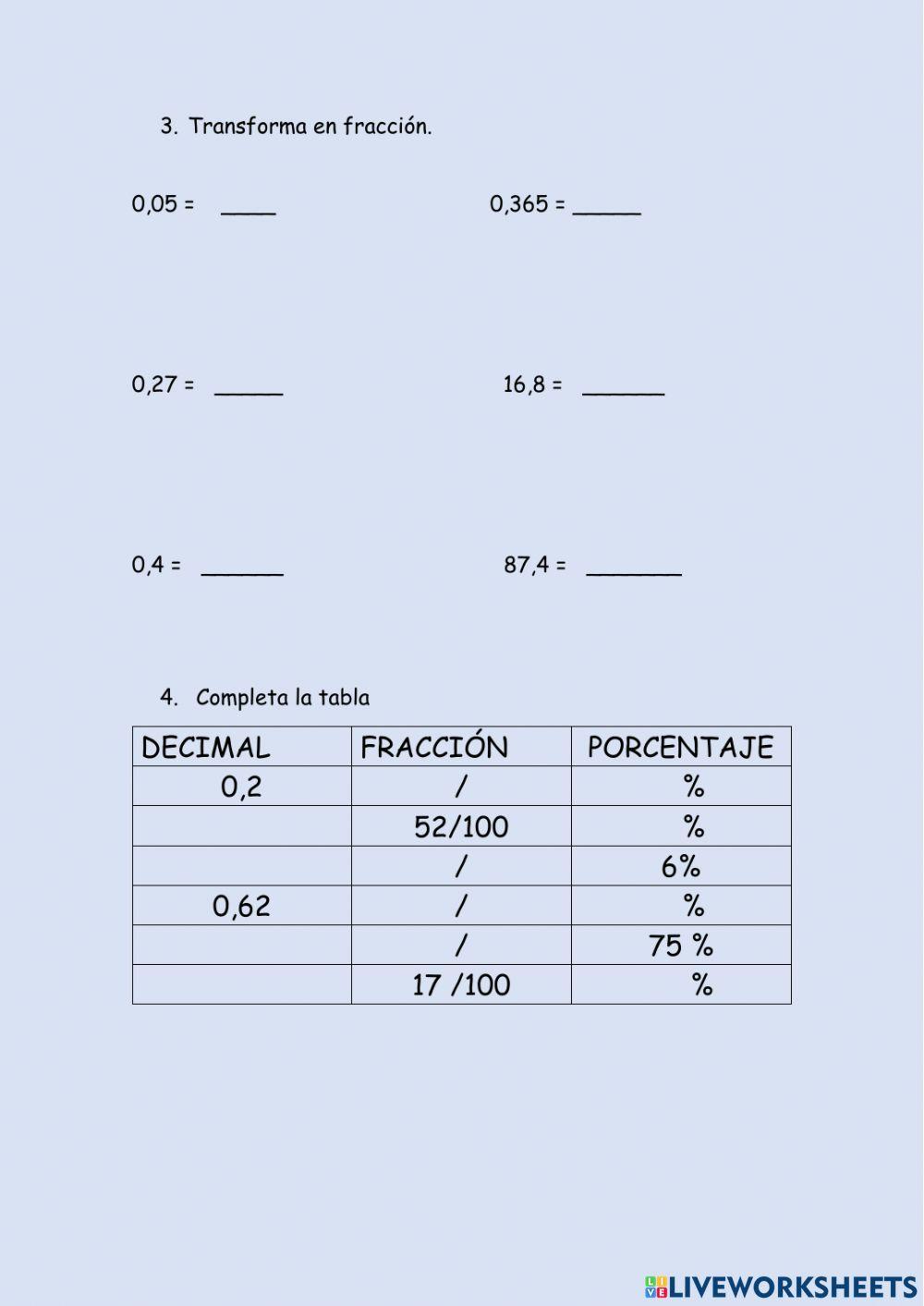Decimales, fracciones, porcentajes