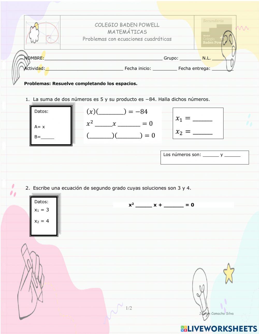 Problemas con ecuaciones cuadráticas