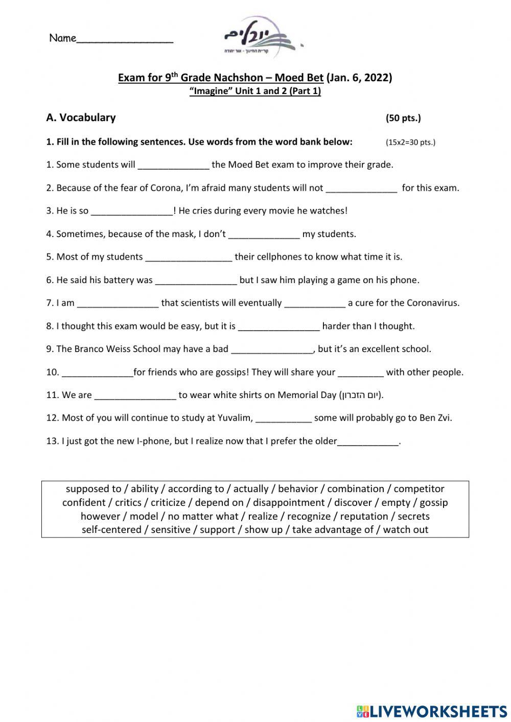 Exam: Imagine Unit 2 (Part 1)