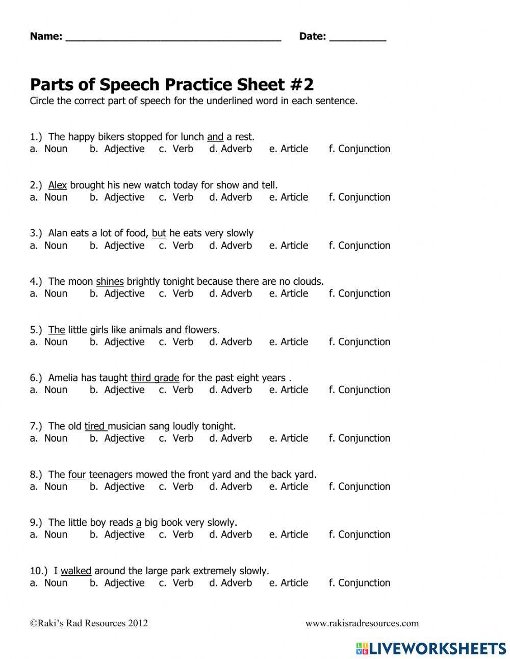 Parts of Speech Practice