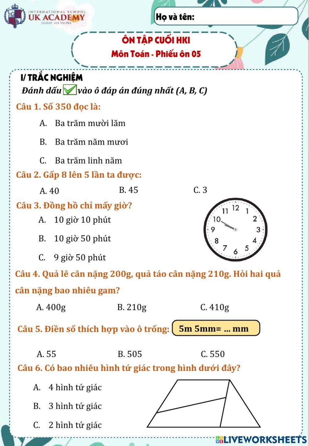 Phiếu ôn 05 -lớp 3