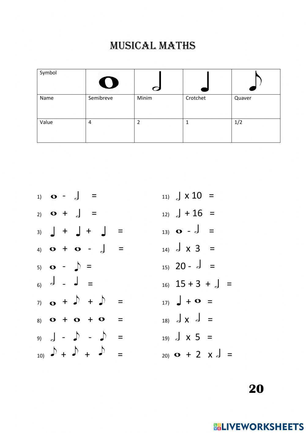 Music maths worksheet live worksheets