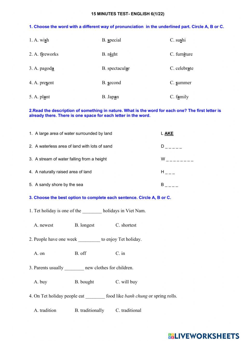 15 minute test english 6