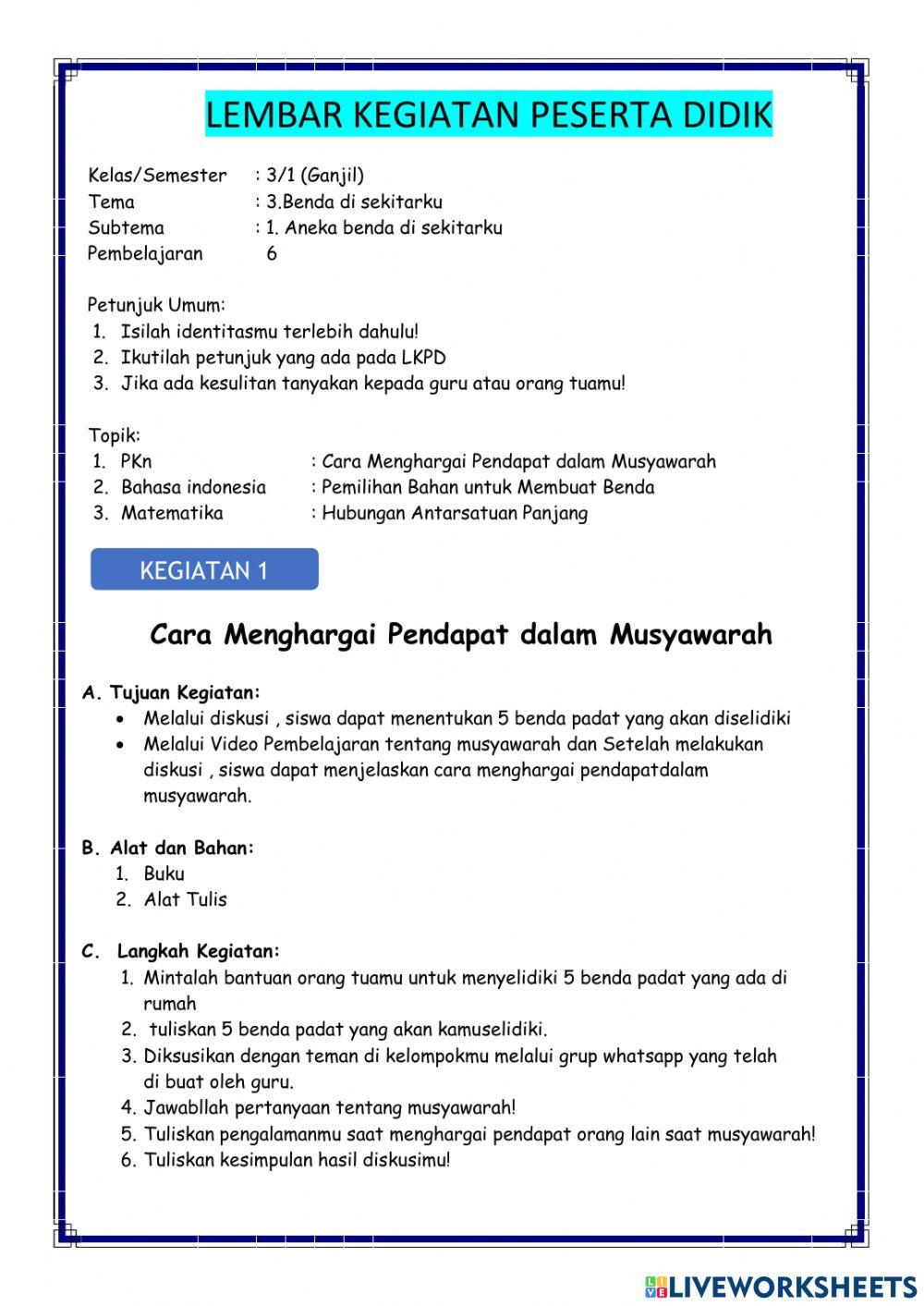 LKPD TEMA 3 SUBTEMA 1 PEMBELAJARAN 6 KELAS 3