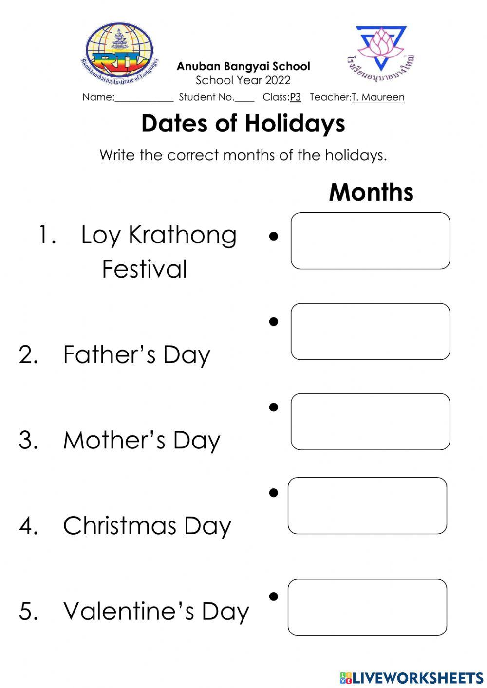 Dates of the Holidays
