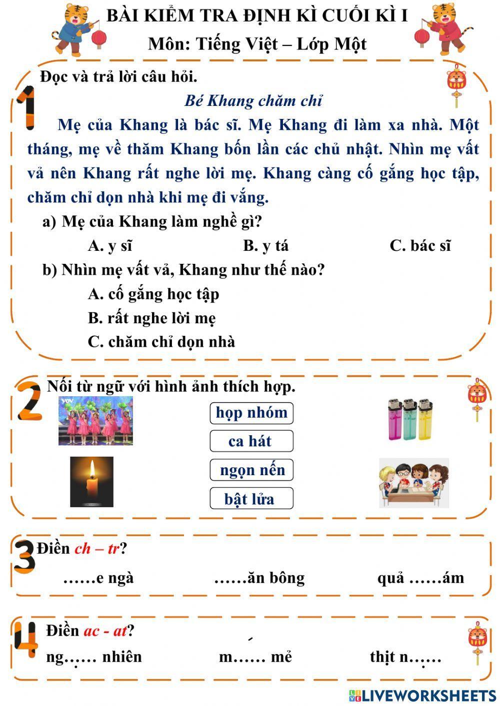 Kiểm tra cuối kì I môn Tiếng Việt