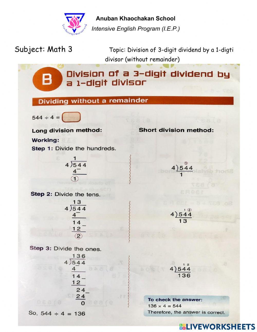 Division of 3-digit dividend by 1-digit divisor