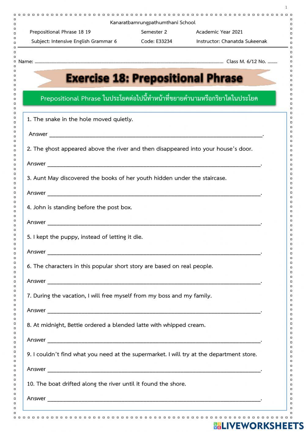 Exercises 18 19: Prepositional Phrase