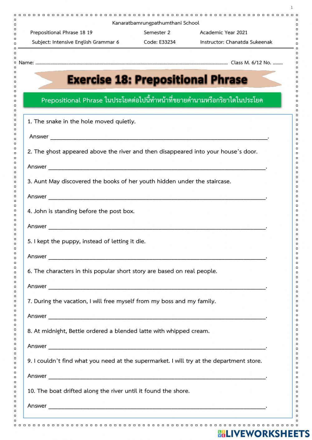Exercises 18 19: Prepositional Phrase Exercises 18 19: Prepositional Phrase