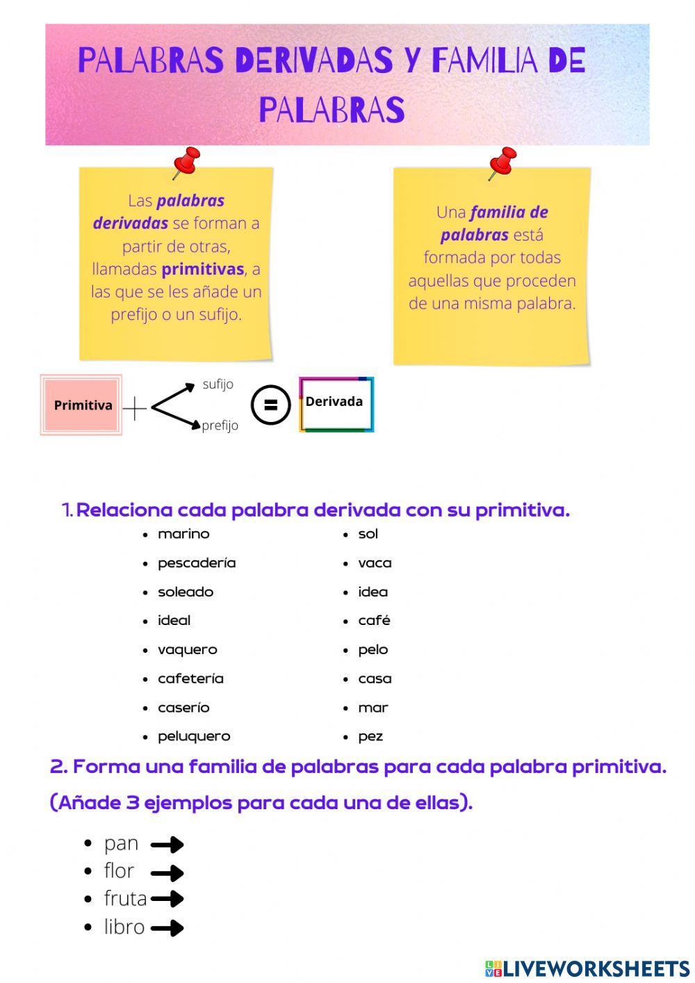 Palabras primitivas, derivadas y familia de palabras