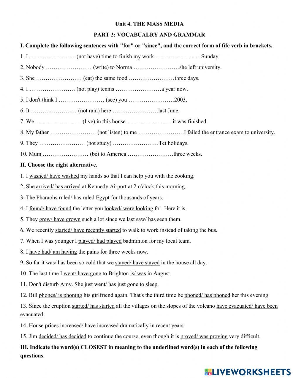 Unit 4. THE MASS MEDIA  PART 2: VOCABUALRY AND GRAMMAR