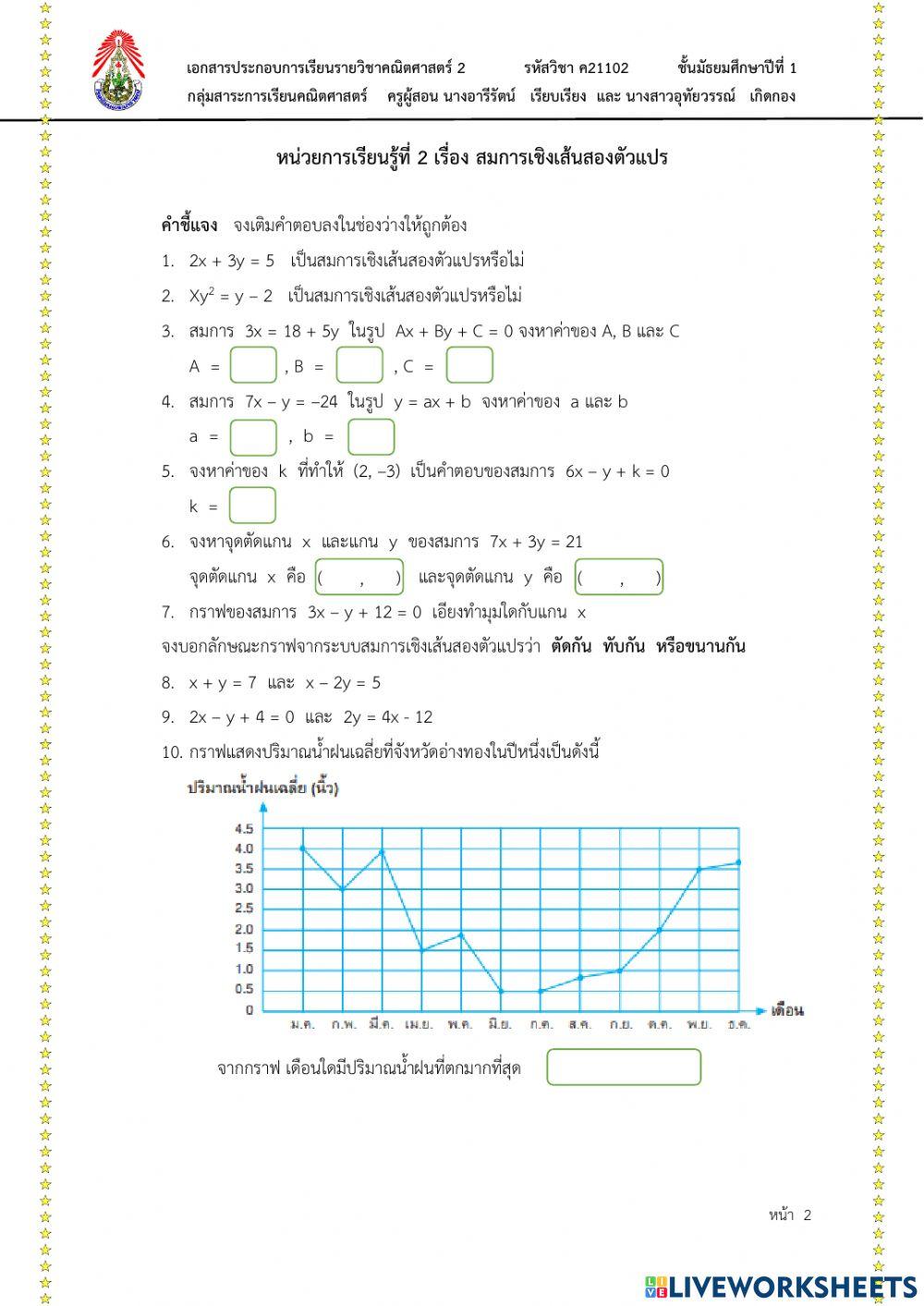 อัตราส่วนและสมการเชิงเส้นสองตัวแปร