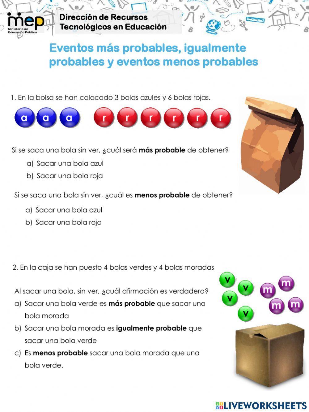 Eventos más probables, igualmente probables y eventos menos probables