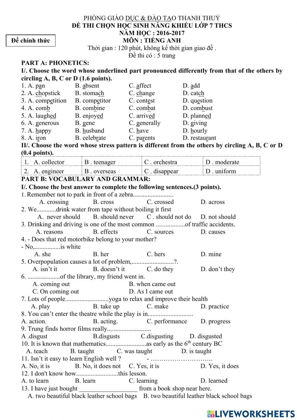 Đề thi HSG  Anh 7