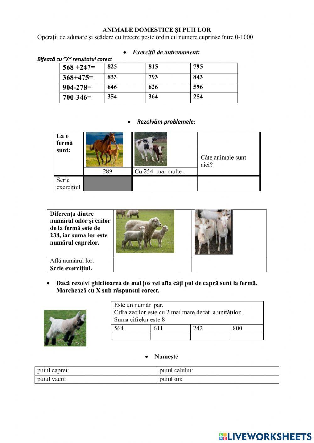 Animale domestice și puii lor-matematică