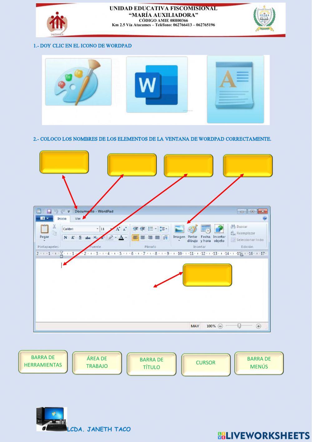 Los elementos de la ventana de wordpad