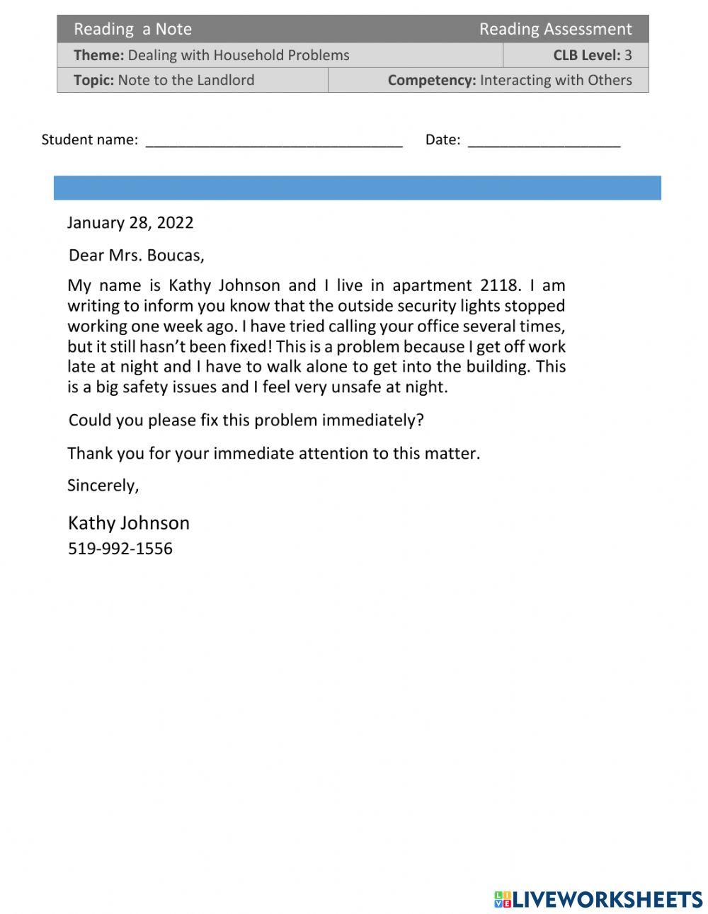 CLB 3 Dealing with Household Problems Reading a Note to the Landlord-Assessment-IWO