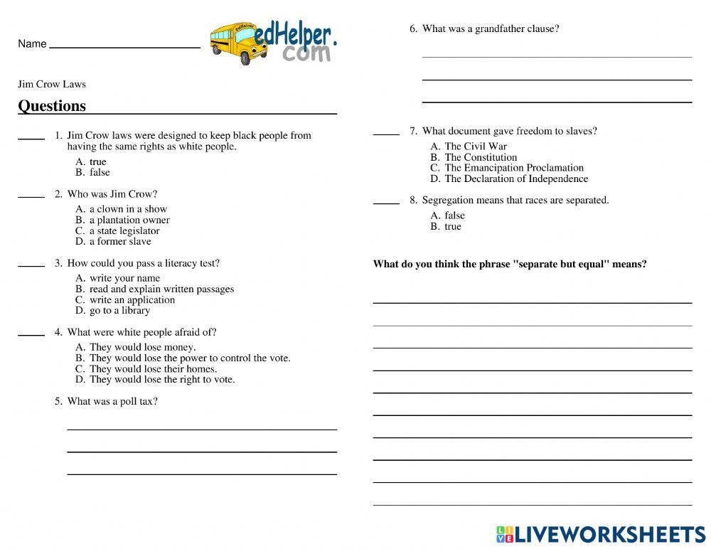 Jim Crow Worksheet online exercise for Live Worksheets