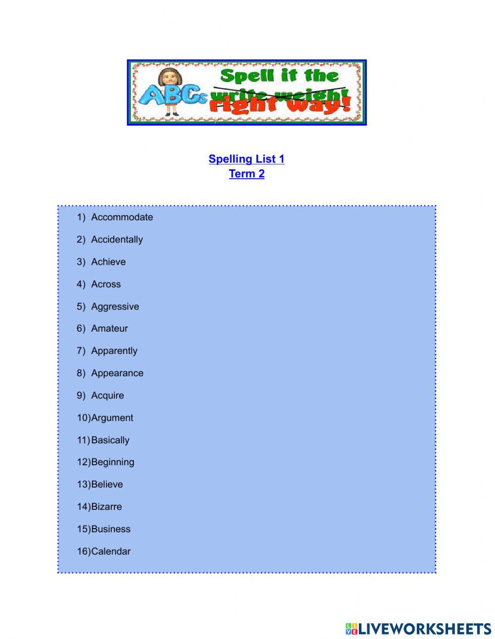 Spelling List 1, Term 2 Spelling List 1, Term 2
