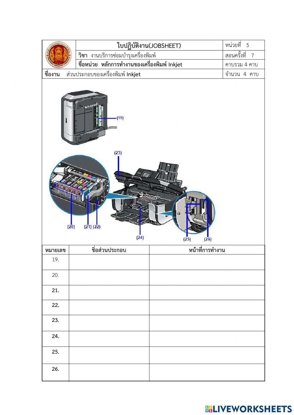 ใบปฏิบัติงาน ส่วนประกอบเครื่องพิมพ์ inkjet
