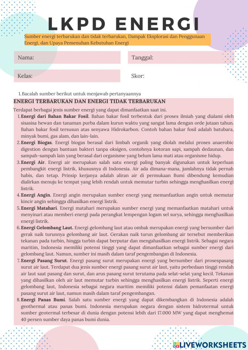 Sumber energi terbarukan dan tidak terbarukan, Dampak Eksplorasi dan Penggunaan Energi, dan Upaya Pemenuhan Kebutuhan Energi