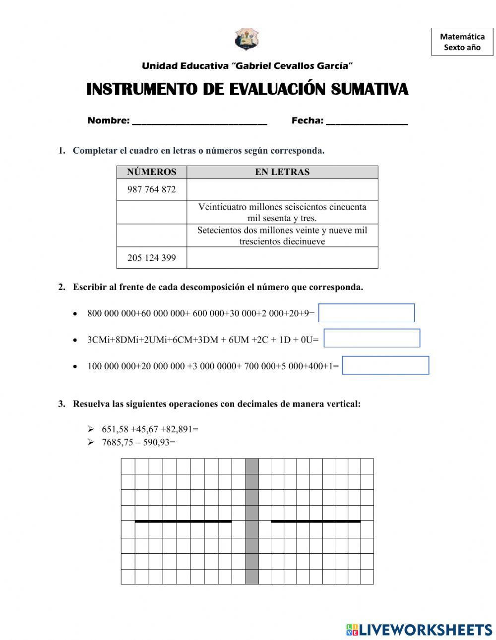 Evaluación de Matemática