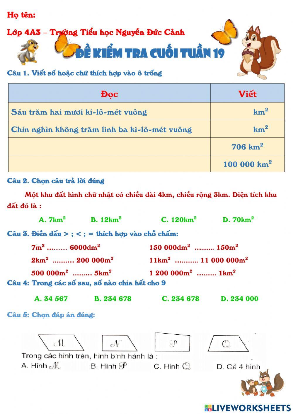 BÀI KIỂM TRA CUỐI TUẦN 19 - TOÁN LỚP 4 