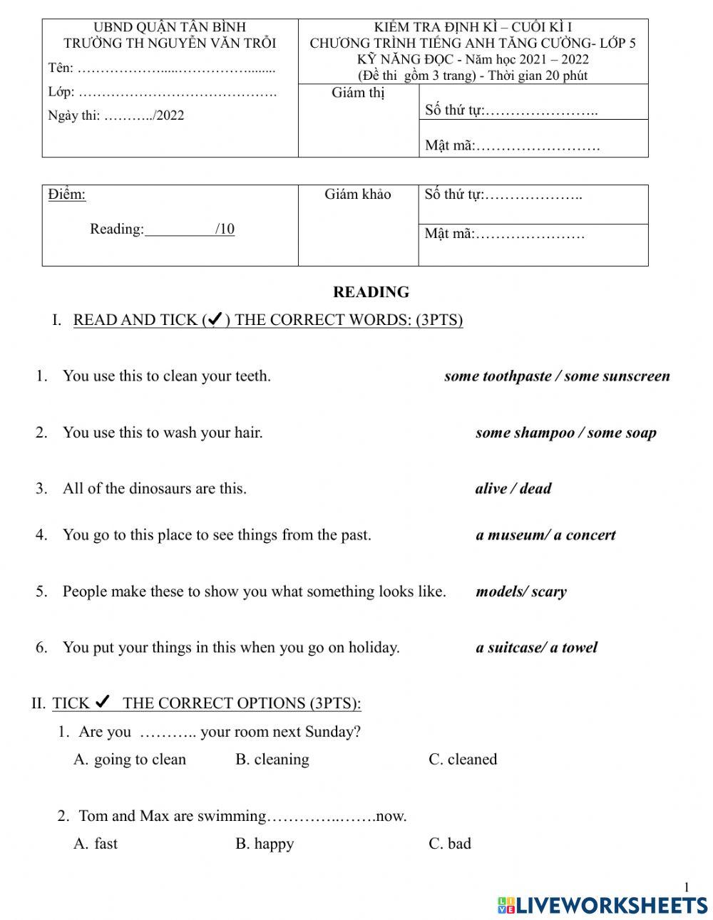 TEST READING LOP5TC  HK1