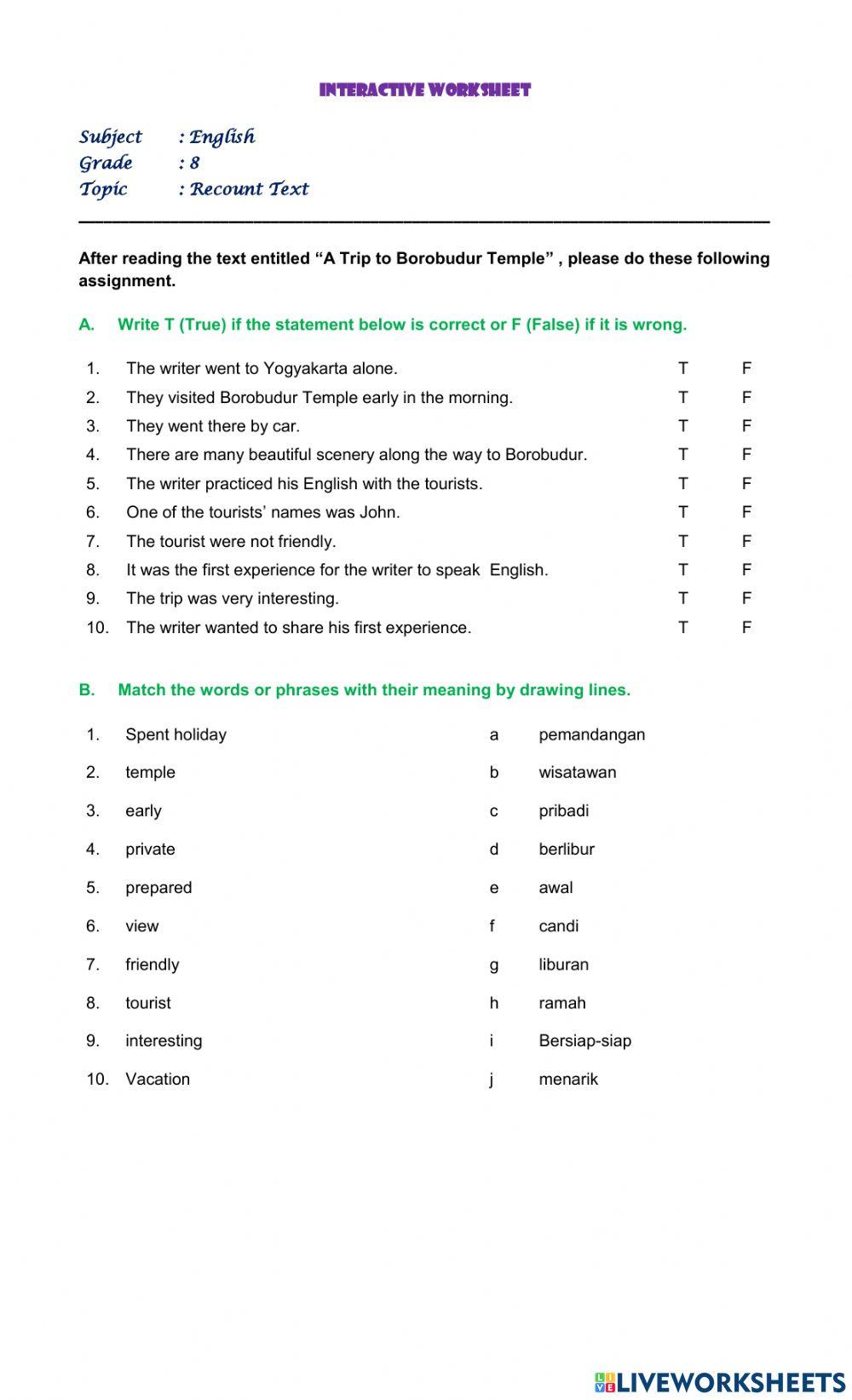 Recount text worksheet 1