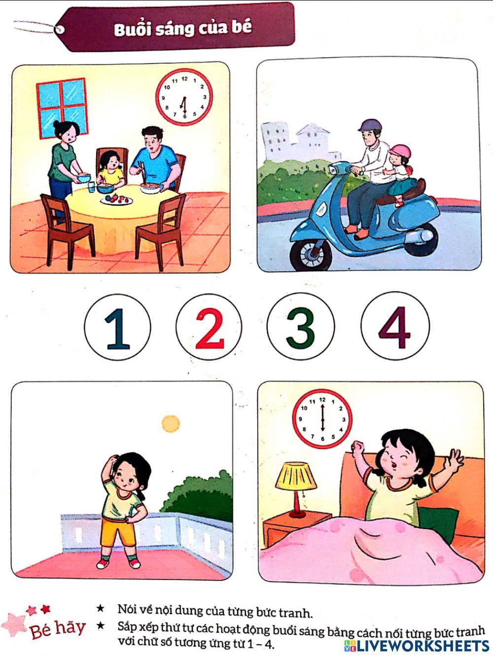 Sắp xếp các hoạt động buổi sáng của bé bằng cách nối các hoạt động với số thứ tự từ 1 đến 4