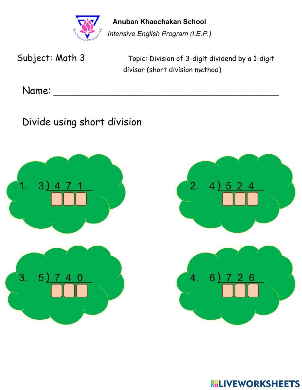 Division of 3-digit dividend by 1-digit divisor (Short method)