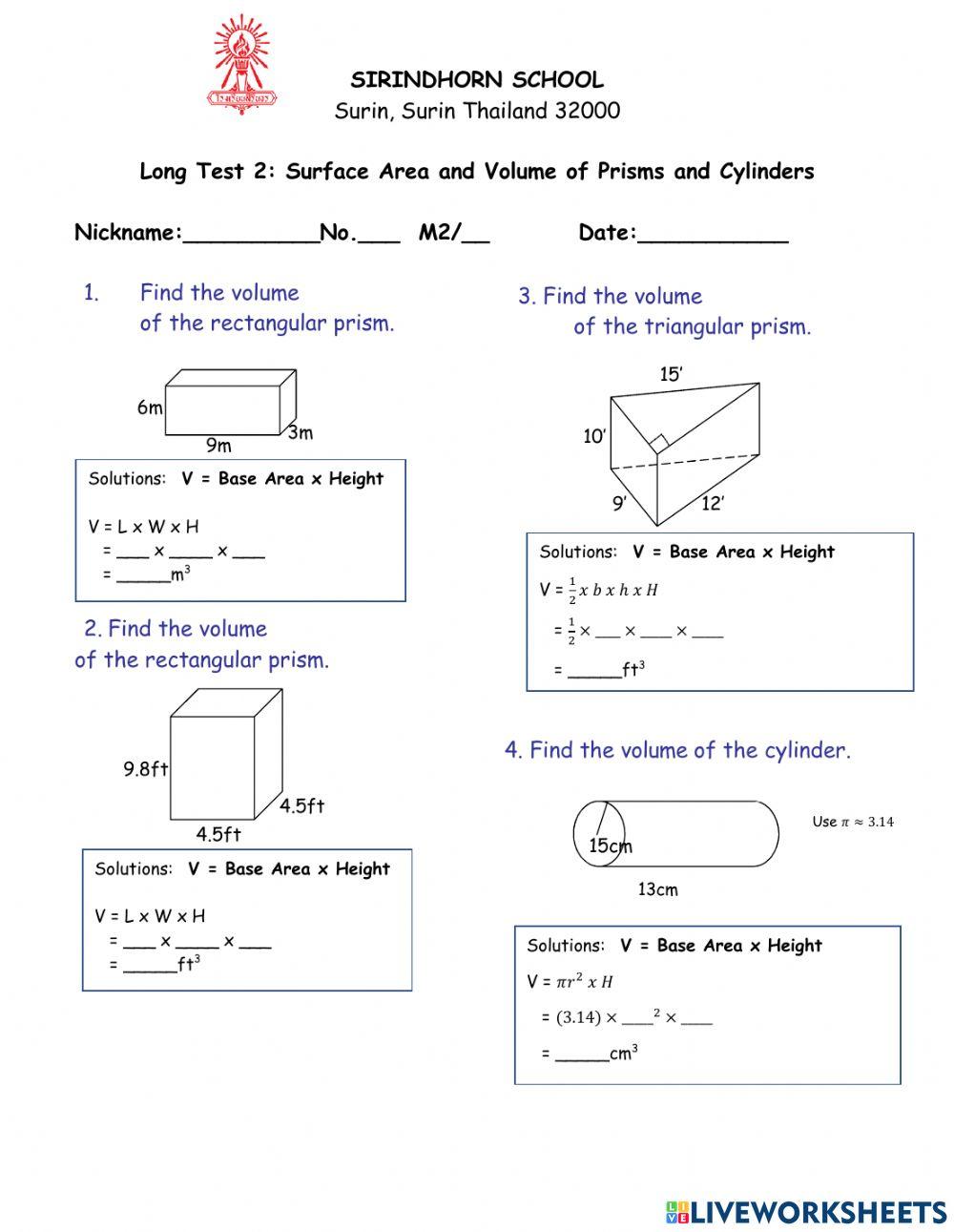 Surface Area Prisms And Cylinders Worksheet Surface Area Of Prisms And