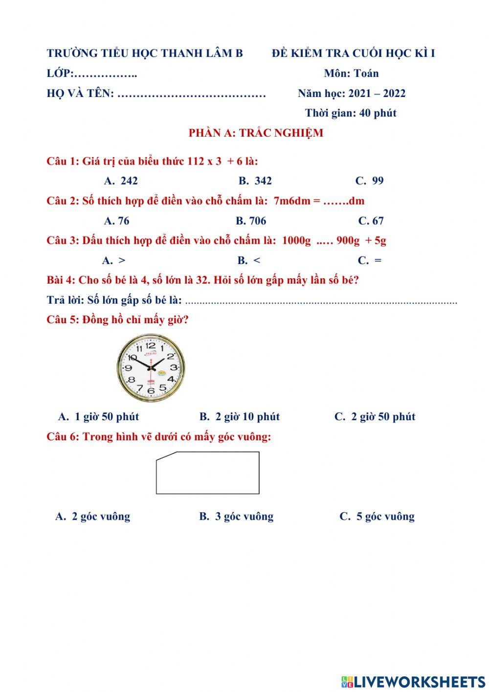 Đề kiểm tra toán cuối học kì 1 môn toán  đề 2