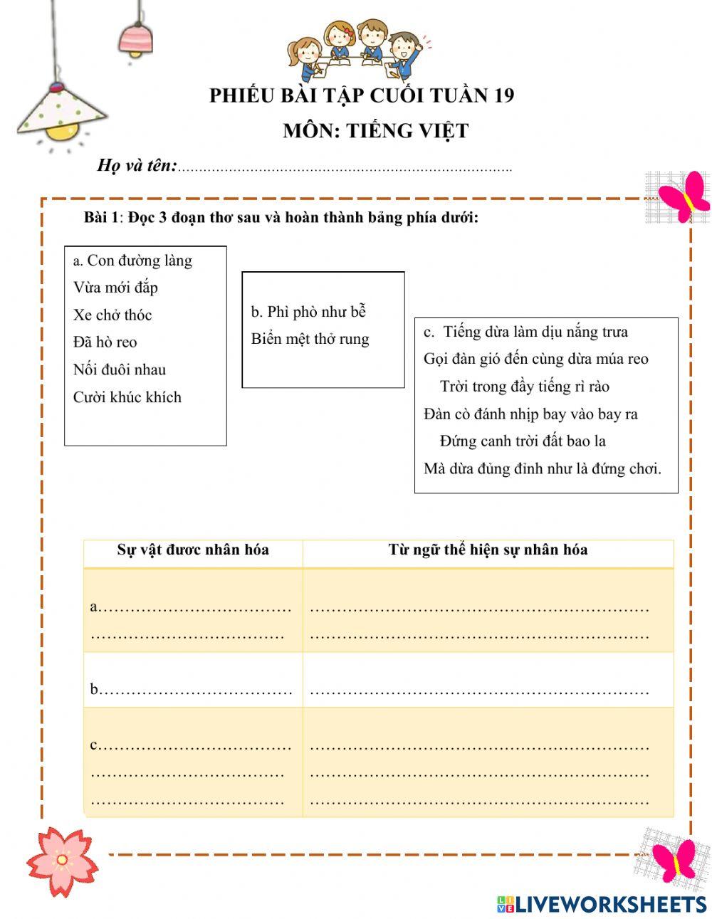 Bài tập cuối tuần 19 lớp 3