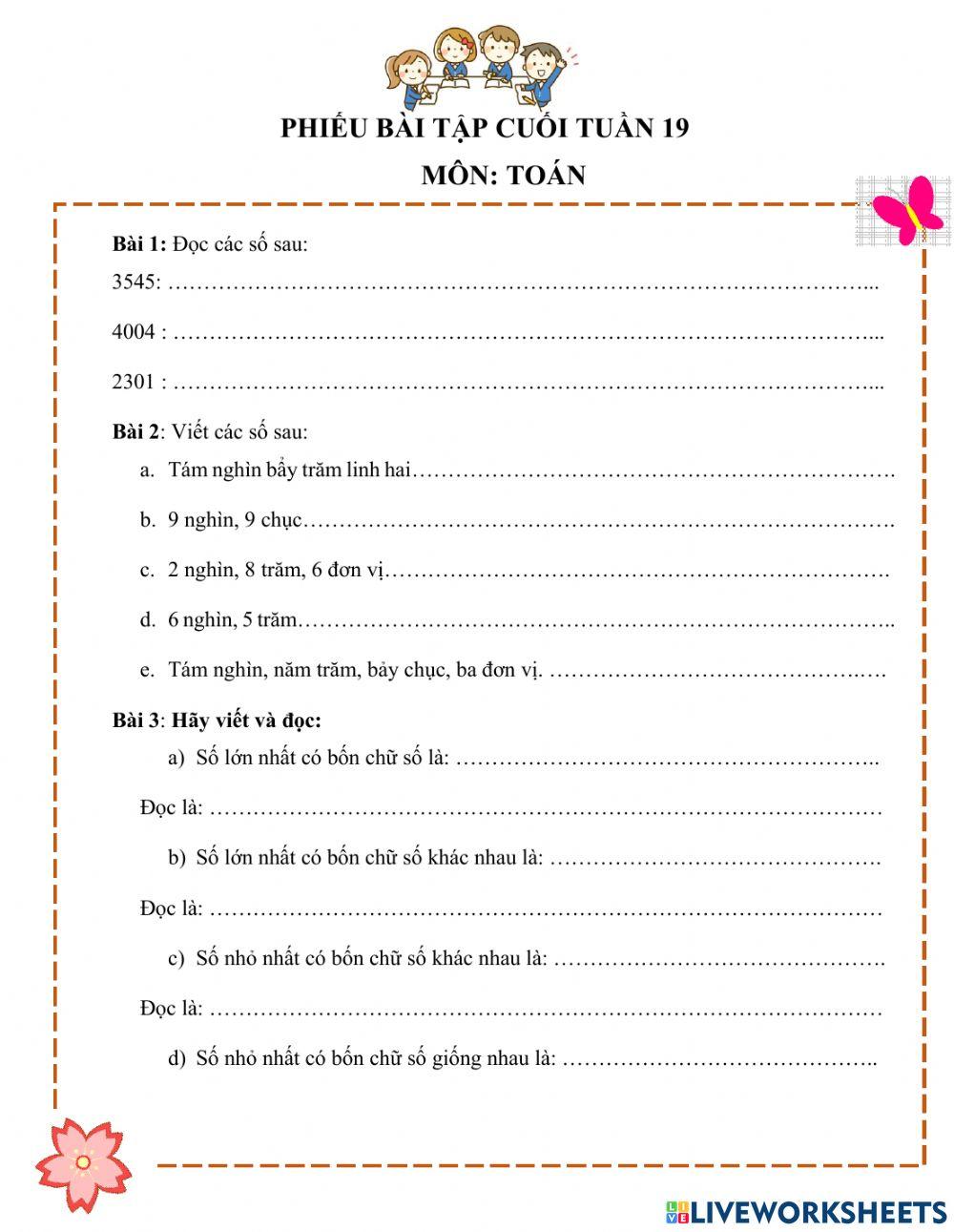 Bài tập cuối tuần 19 lớp 3