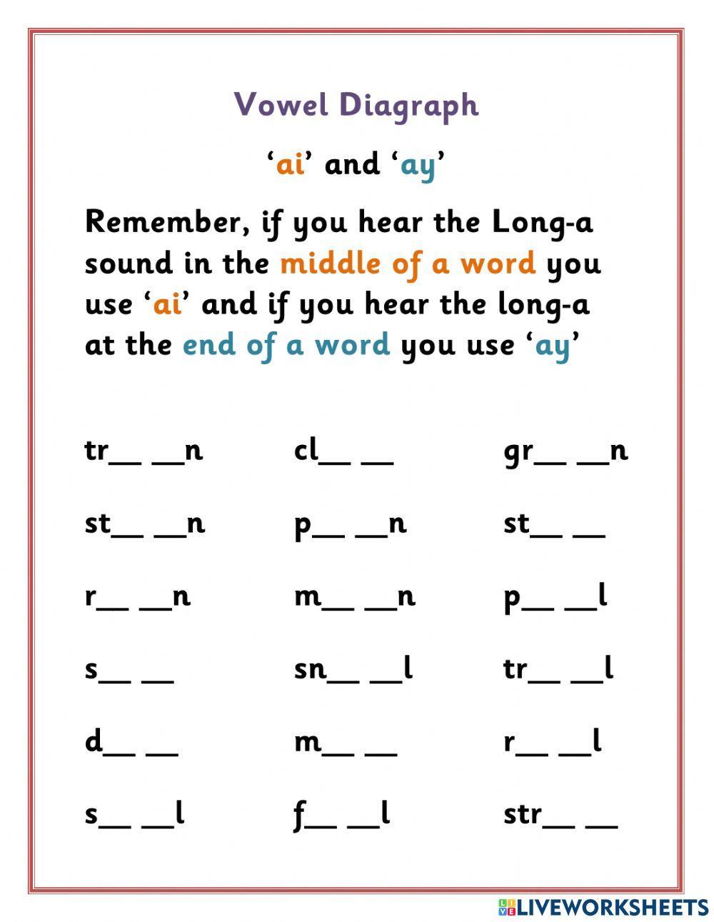 Vowel Diagraph 'ai' and 'ay' Vowel Diagraph 'ai' and 'ay'