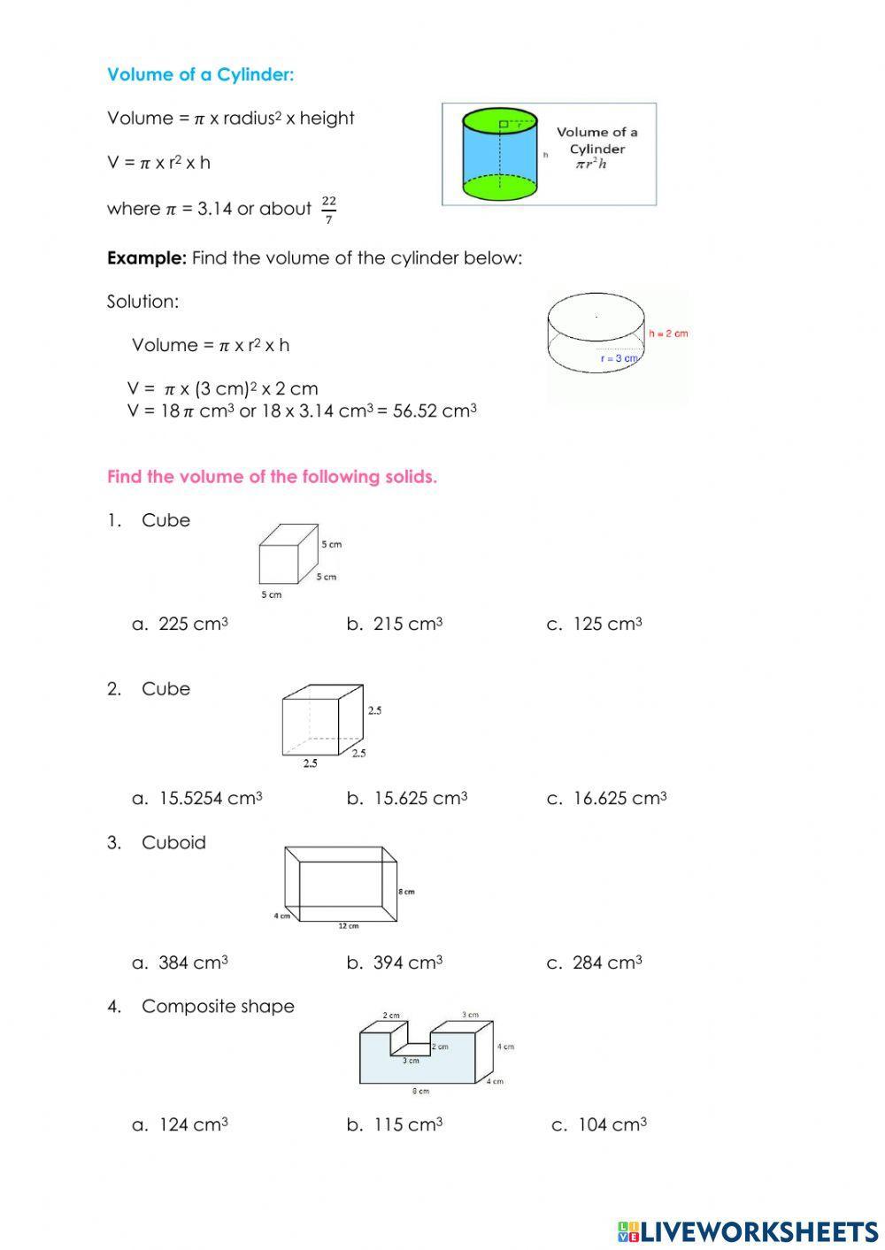 Finding the Volume of a Cube, a Cuboid and a Cylinder