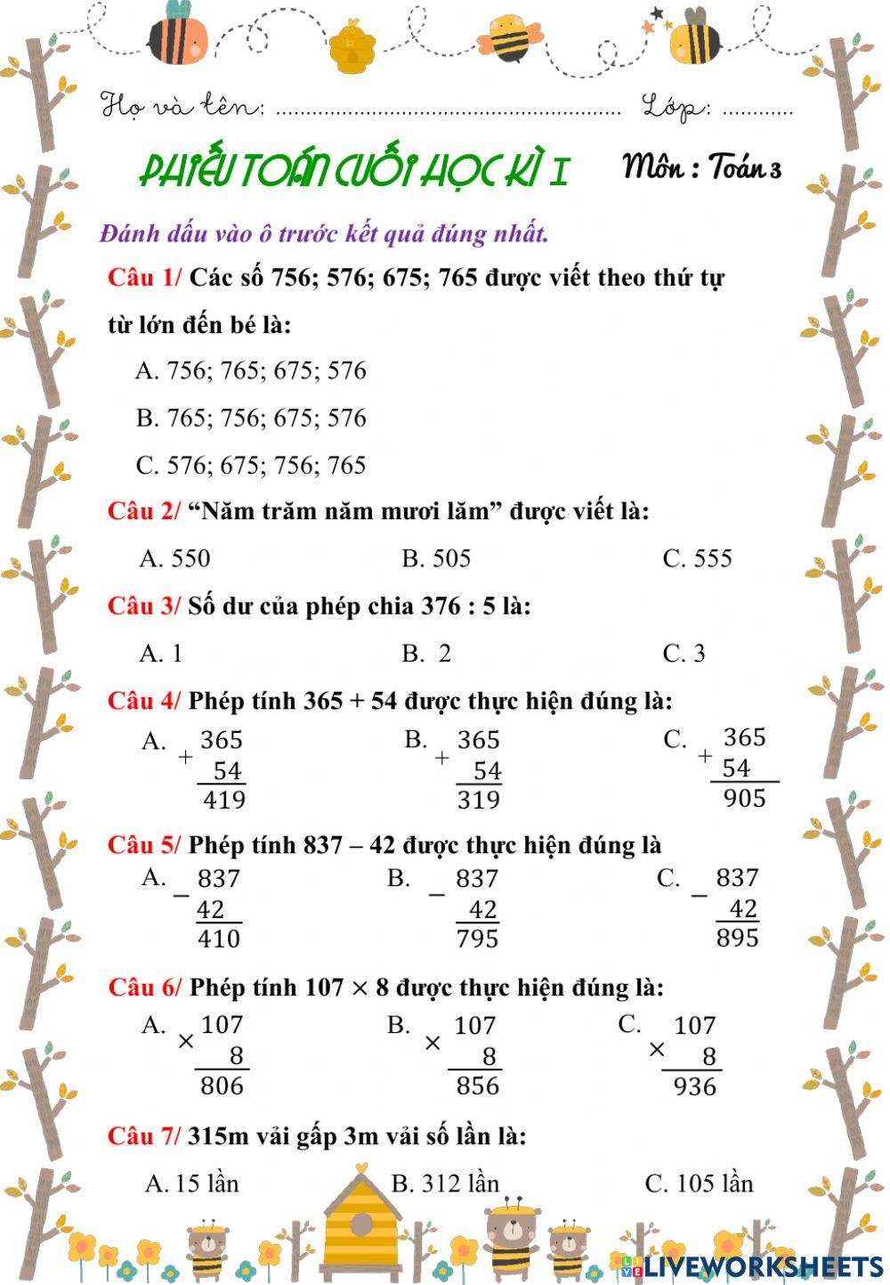 Phiếu toán cuối HK1 - lớp 3 - đề 1