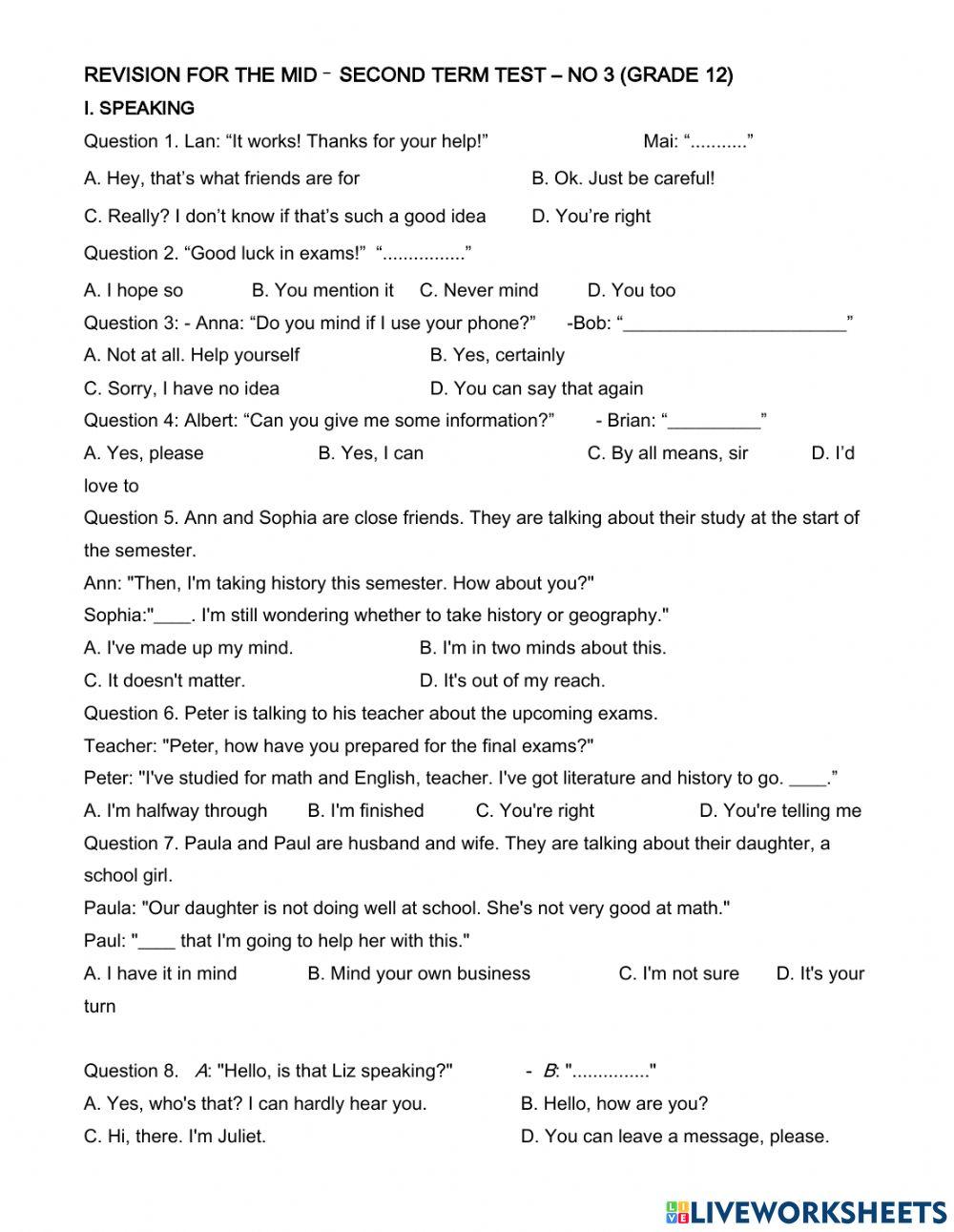 Revision for the mid –  second term test – no 3 (grade 12)