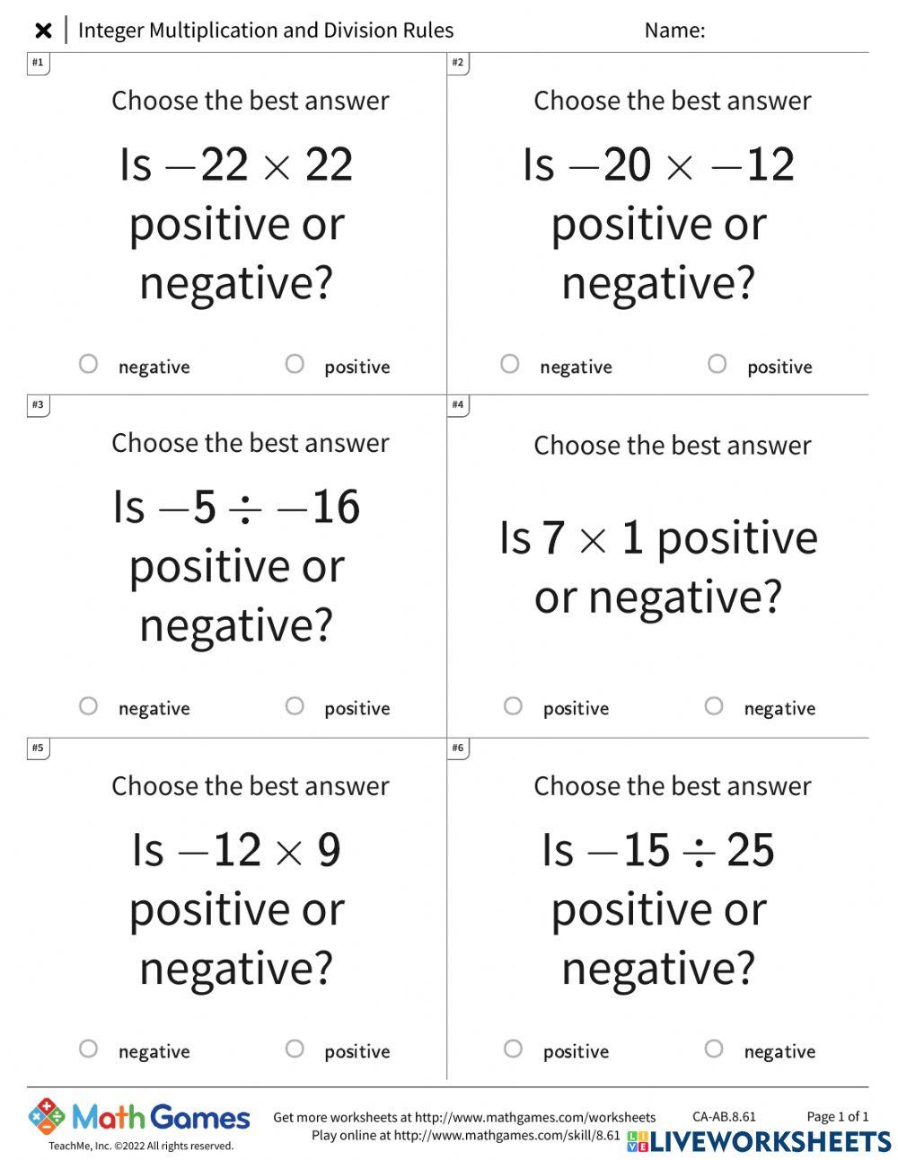 Identifying Positive and Negative Integers worksheet Live Worksheets