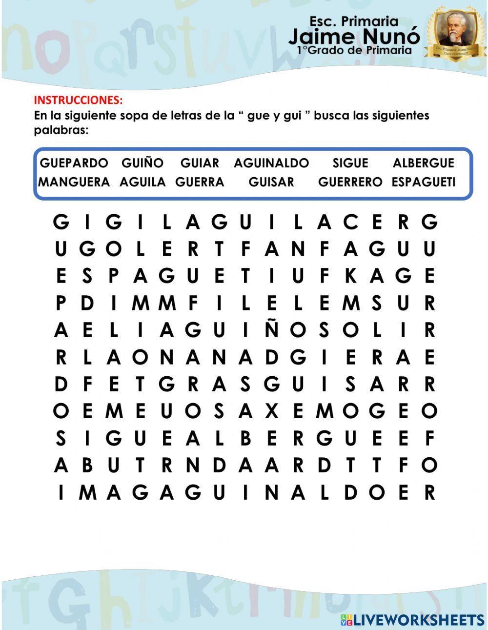 Sopa de letras con la Letra Gue y Gui