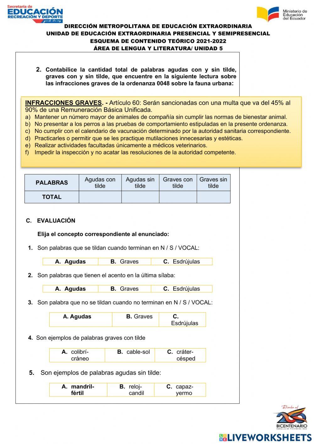 5 palabras graves, agudas, esdrujulas