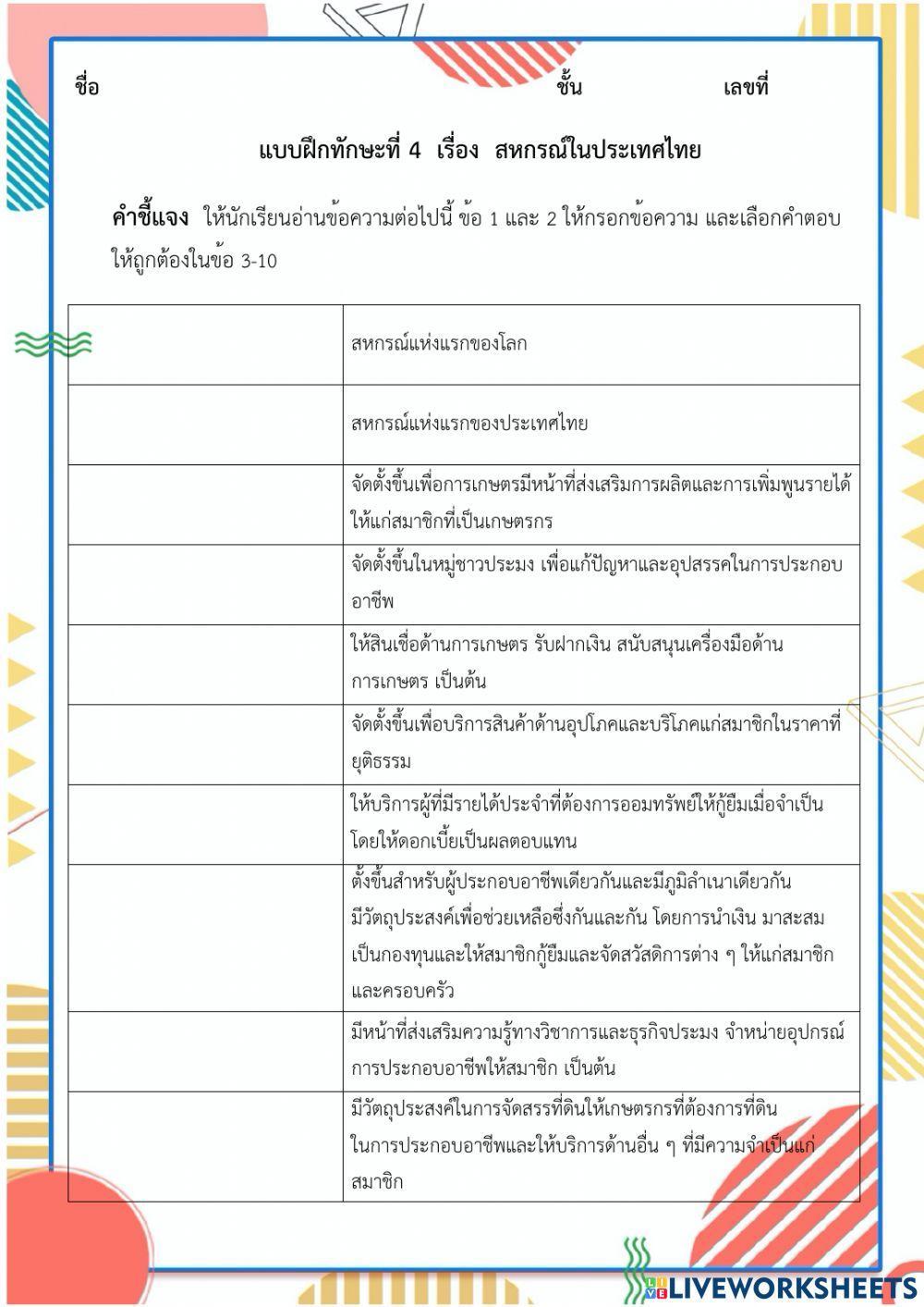 ใบงานที่ 4 สหกรณ์ในประเทศไทย (ชุดที่ 2)