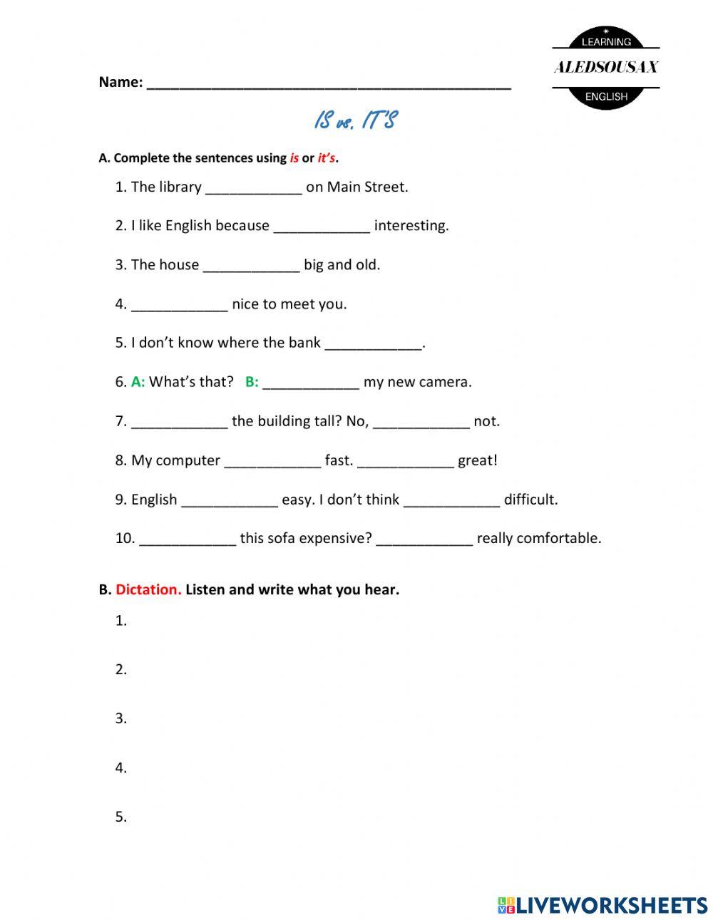 Is vs. It's worksheet Live Worksheets