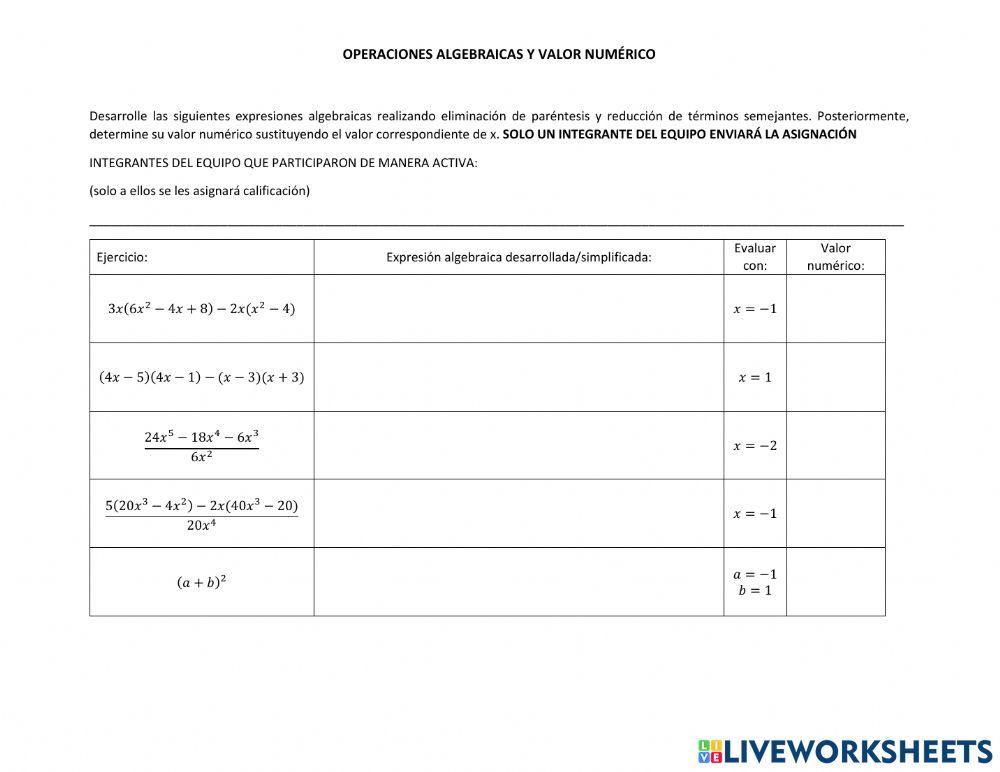 Valor numérico de expresiones algebraicas