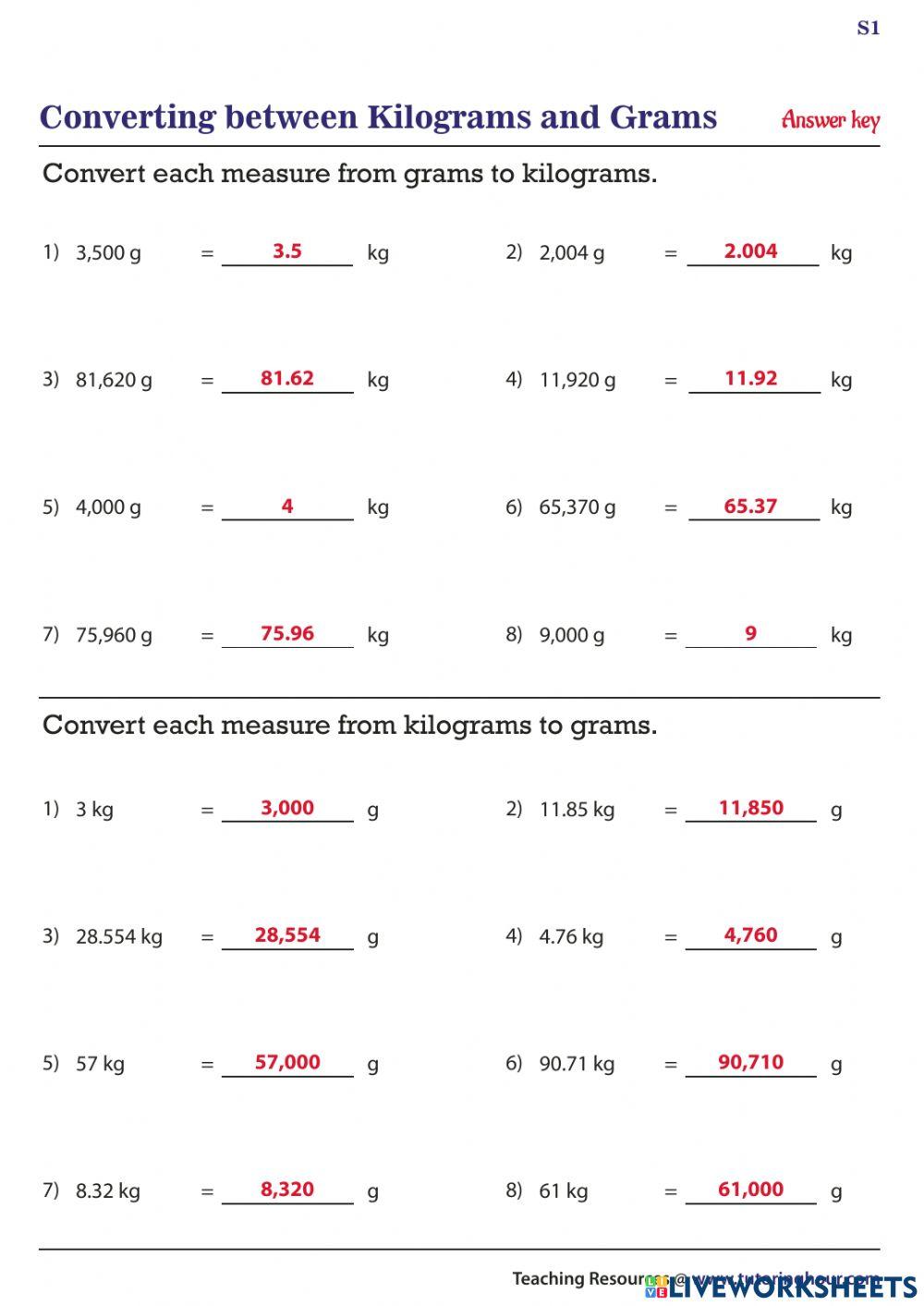 Converting Grams and Kilograms Kilograms to Grams online exercise for