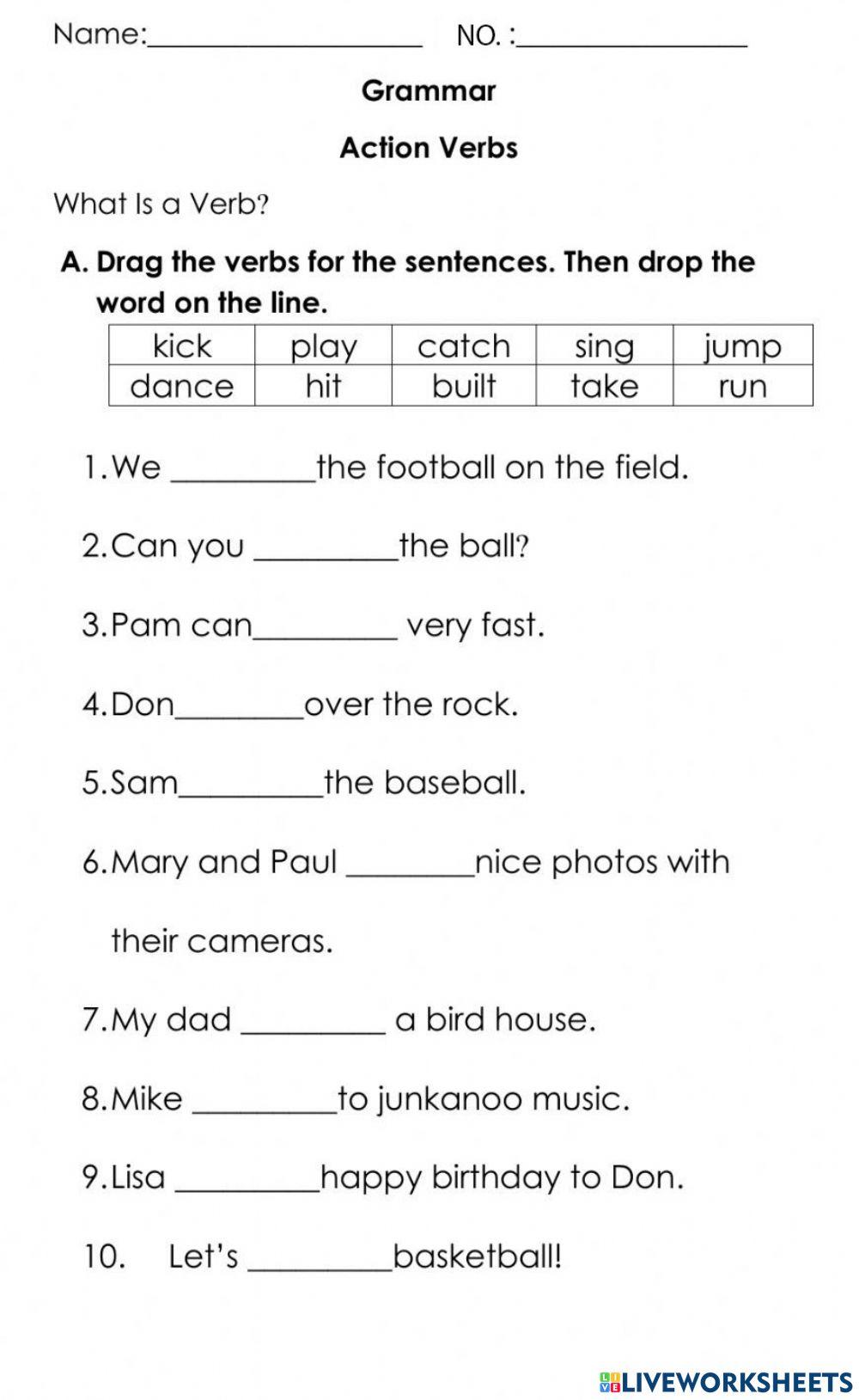 Action verbs online exercise for 3 | Live Worksheets