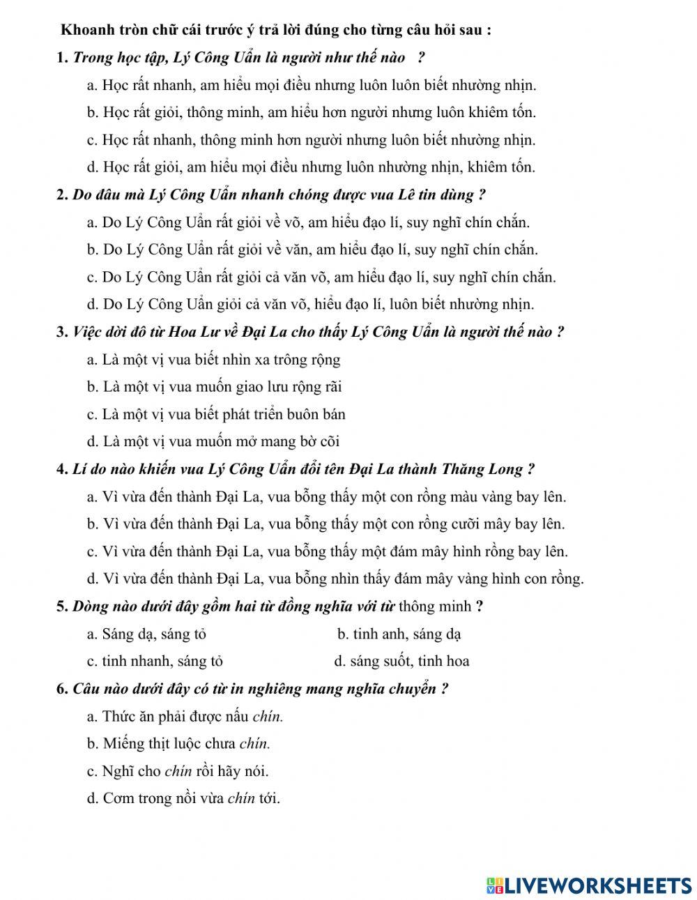 Bài tập đọc hiểu tuần 18