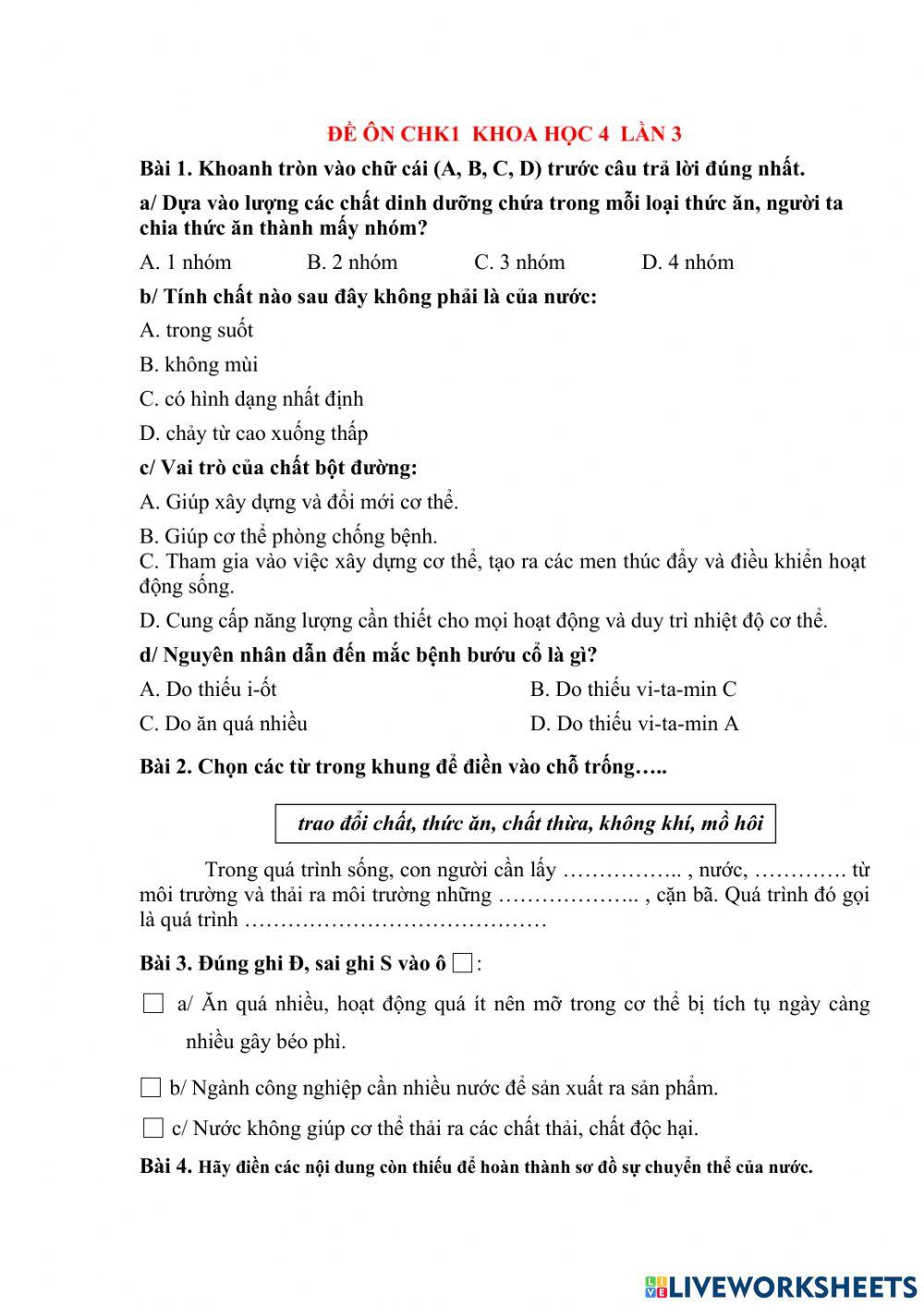 Đề ôn chk1  khoa học 4  lần 3