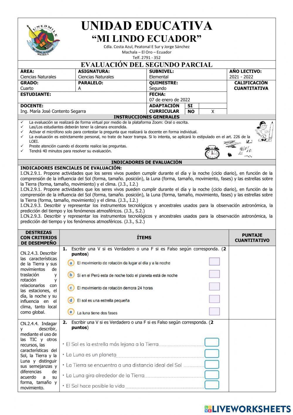 Evaluación de Ciencias Naturales del Segundo Parcial del Segundo Quimestre